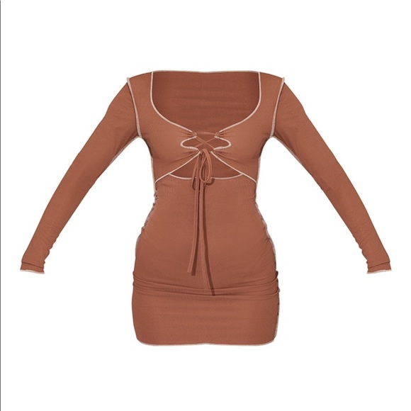 PrettyLittleThing Ribbed Long Sleeve Tie Front Dress - Picture 3 of 3